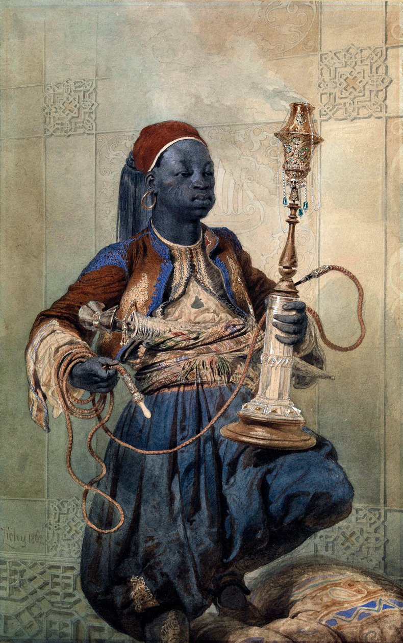 “Portrait de nubien a la pipe a eau”（带水烟的努比亚人） Aquarelle de Mihaly Zichy (1827-1906) 1862 Dim 49,5x31 cm 私人收藏 作者 Zichy的Mihaly
