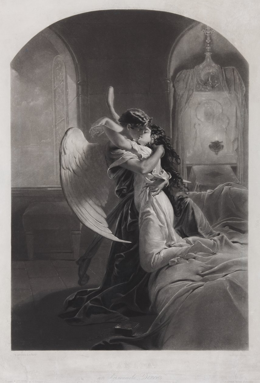 塔玛拉和恶魔。米哈伊尔·莱蒙托夫（Mikhail Lermontov）的诗歌《恶魔》插图c。 1880年 作者 Zichy的Mihaly