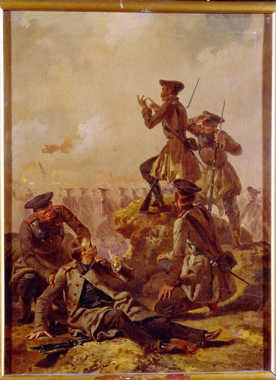 克里米亚战争（1853-1856 年）的一个场景。在前线部队的队伍后面，军官（其中一人受伤）正在观察战场。Mihaly Zichy（1827-1906 年）的画作，布面油画，约创作于 1850 年。匈牙利艺术 作者 Zichy的Mihaly