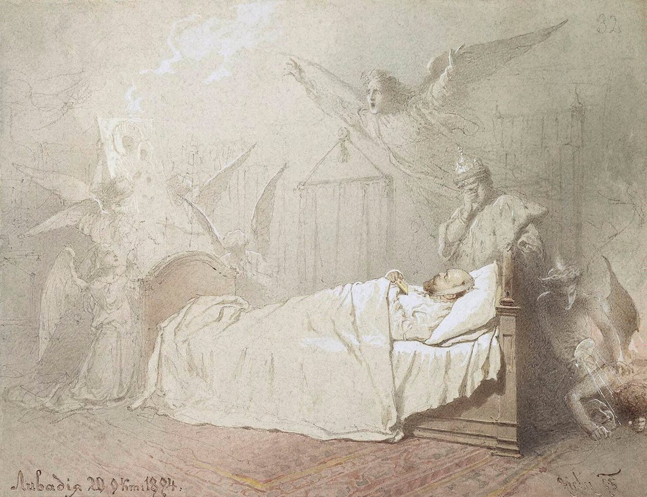 亚历山大三世临终前被天使包围的照片，1895年。   作者 MihályZichy