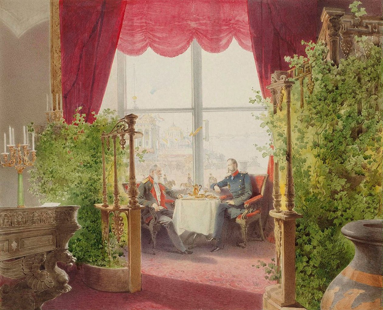 皇帝亚历山大二世和威廉一世在冬宫的早餐，1873年。   作者 MihályZichy