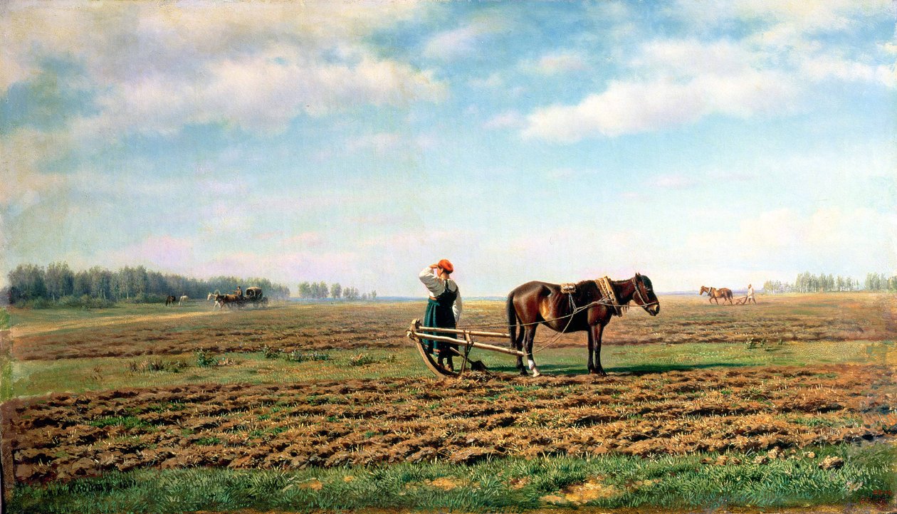耕田，1871年 作者 米哈伊尔·康斯坦丁诺维奇·克洛德（Mikhail Konstantinovich Klodt）