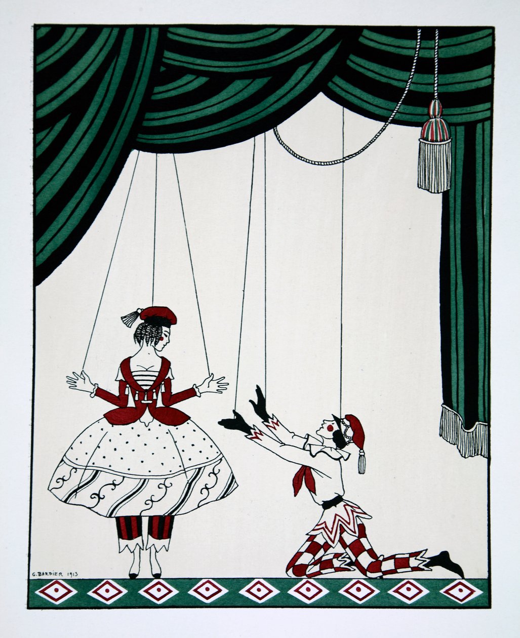 Petroushka，来自Vaslav Nijinsky 1889-1950舞蹈系列设计。 Georges Barbier 1882-1932，Pochoir Print 作者 米哈伊尔·希巴诺夫（Mikhail Shibanov）