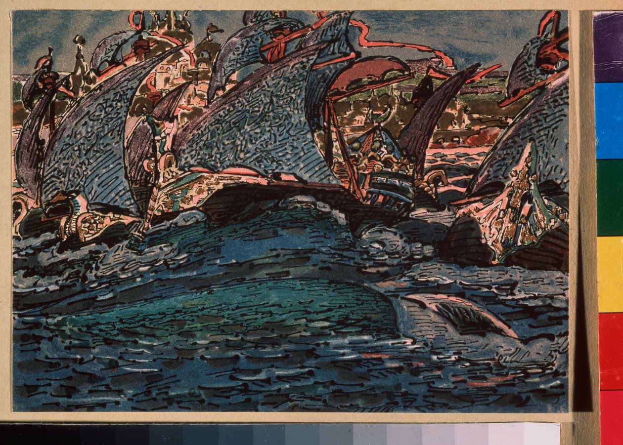 Bateaux a voile（帆船）--Mikhail Alexandrovich Vrubel（Vroubel）（1856-1910 年）的作品，纸上水彩和墨水 作者 米哈伊尔·亚历山德罗维奇·弗鲁贝尔