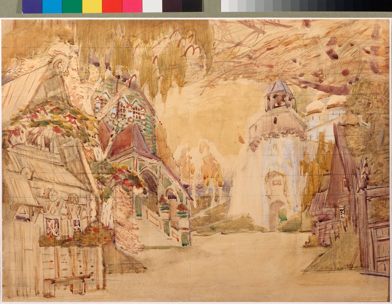 尼古拉-里姆斯基-科萨科夫（里姆斯基-科萨科夫）（1844-1908 年）的歌剧《沙皇的新娘》的舞台设计（尼-里姆斯基-科萨科夫（里姆斯基-科萨科夫）的歌剧《沙皇的新娘》的舞台设计 - Mikhail ALexandrovich Vrubel（弗鲁贝尔）的作品 作者 米哈伊尔·亚历山德罗维奇·弗鲁贝尔
