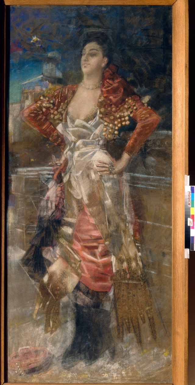 舞蹈家和演员 Caroline (Carolina) Otero（人称 La Belle Otero，1868-1965 年）的肖像。美好年代的歌妓。米哈伊尔-亚历山德罗维奇-弗鲁贝尔（Mikhail Alexandrovich Vrubel）（1856-1910 年）的作品，布面粉彩画 作者 米哈伊尔·亚历山德罗维奇·弗鲁贝尔
