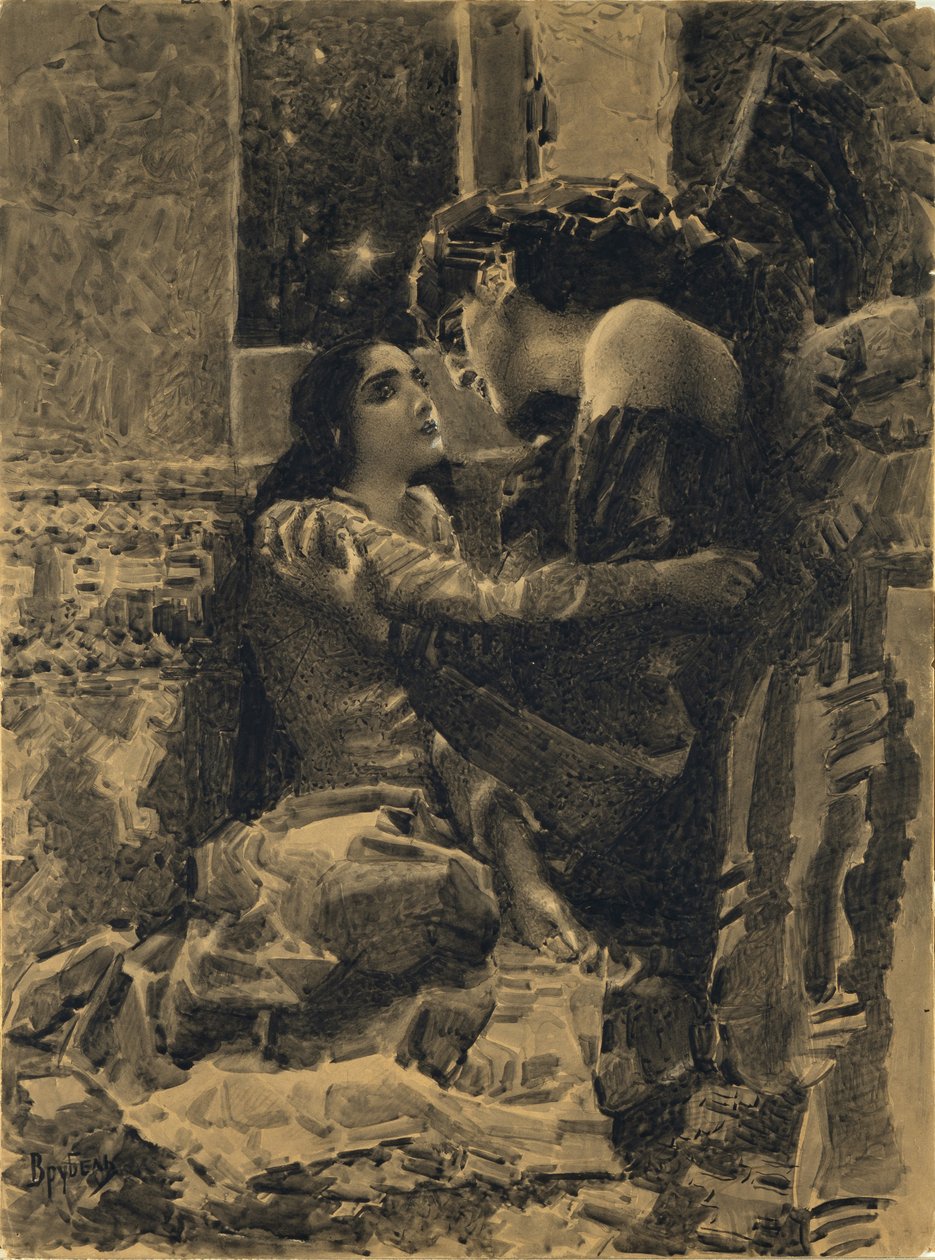 塔玛拉和恶魔。米哈伊尔·莱蒙托夫（Mikhail Lermontov），1890-1891年的诗《恶魔》插图 作者 米哈伊尔·亚历山德罗维奇·弗鲁贝尔