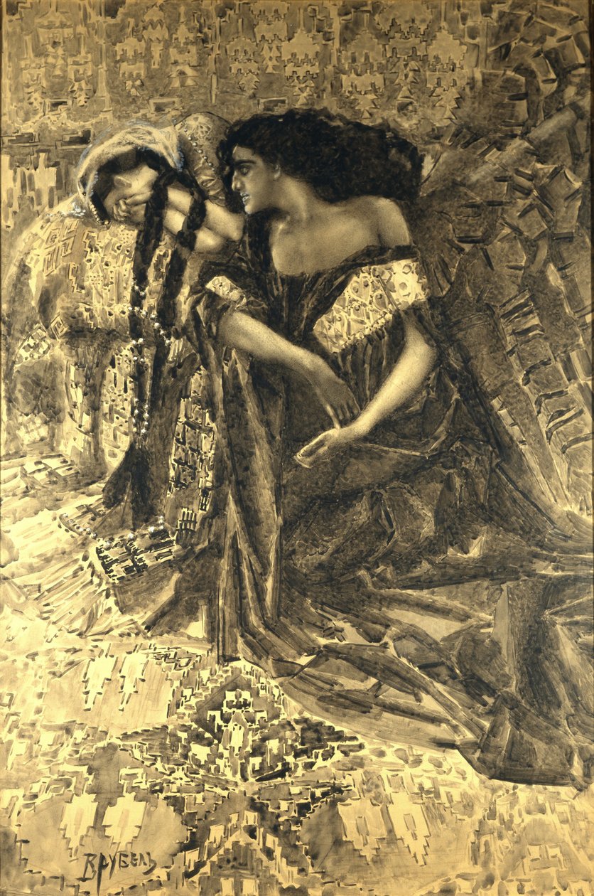 塔玛拉和恶魔。米哈伊尔·莱蒙托夫（Mikhail Lermontov），1890-1891年的诗歌插图 作者 米哈伊尔·亚历山德罗维奇·弗鲁贝尔