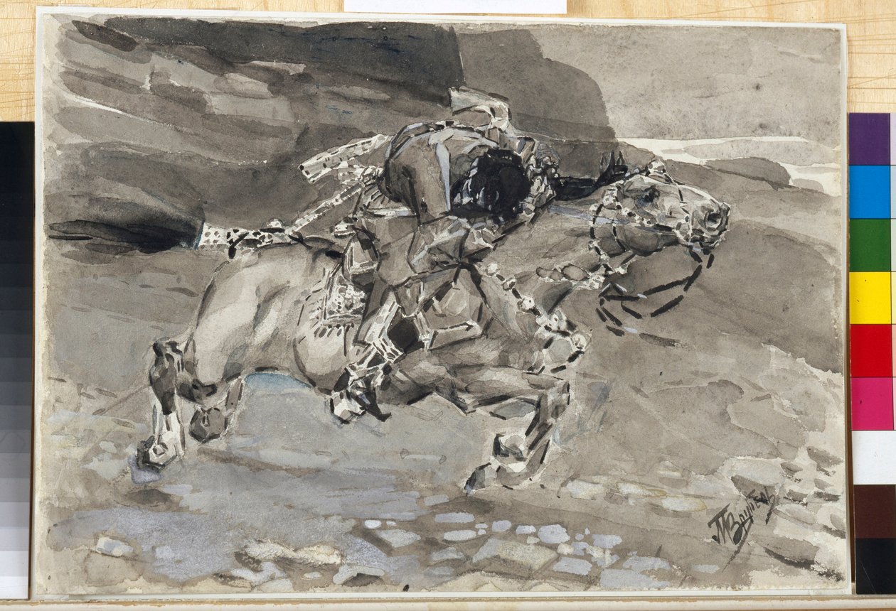 一个骑士 - 雷蒙妥夫（Mikhail Lermontov，1814-1841 年）的诗歌《恶魔》插图 - 米哈伊尔-亚历山德罗维奇-弗鲁别尔（Mikhail Alexandrovich Vrubel，1856-1910 年）的作品 作者 米哈伊尔·亚历山德罗维奇·弗鲁贝尔