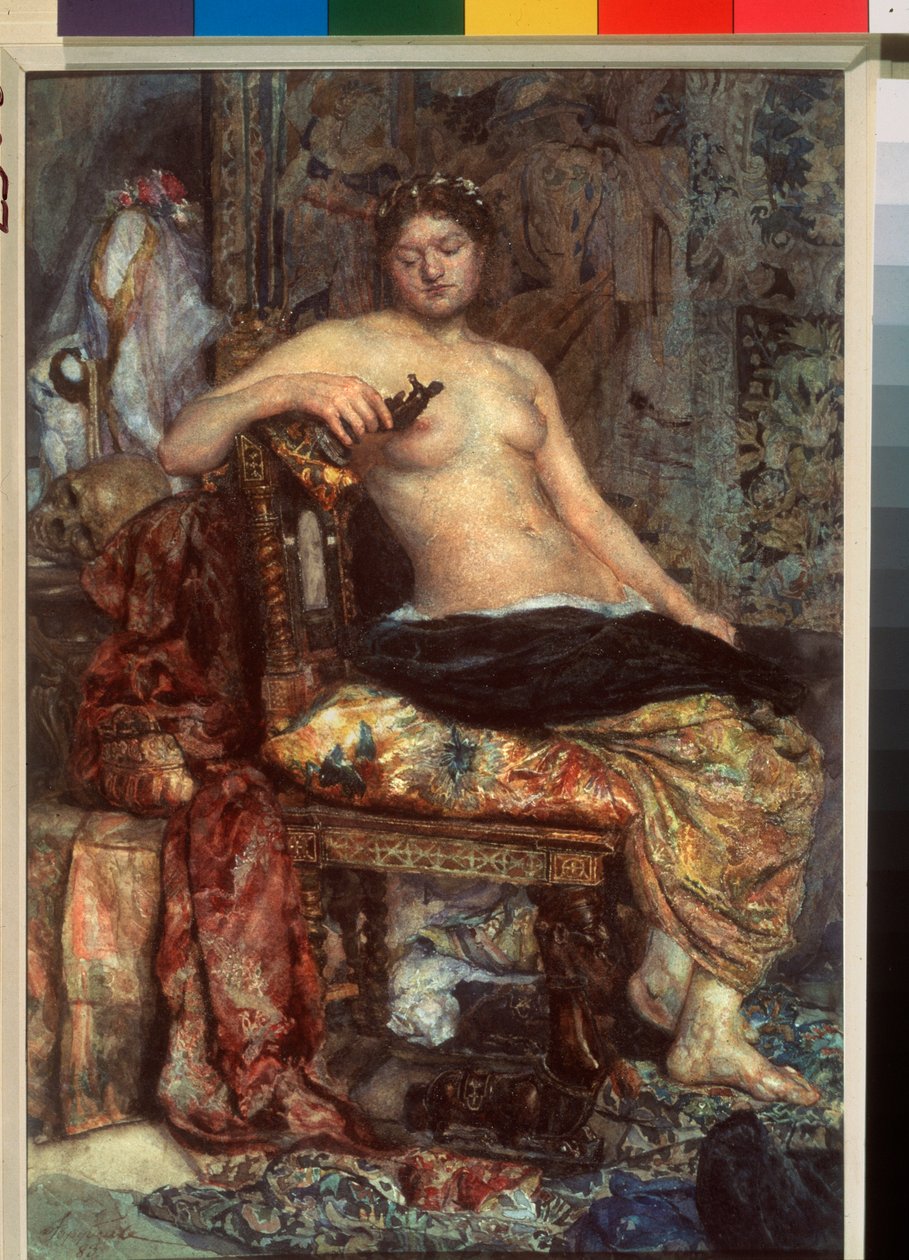 文艺复兴时期家具中的模特 - Mikhail Alexandrovich Vrubel (Vroubel)（1856-1910 年）的作品，纸上水彩画 作者 米哈伊尔·亚历山德罗维奇·弗鲁贝尔