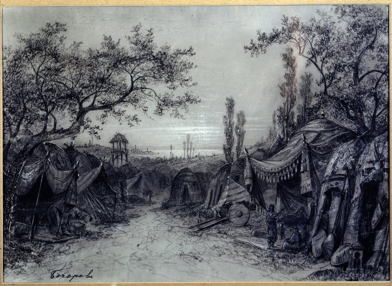 亚历山大·鲍罗丁 (1833-1887) 为歌剧“伊戈尔王子”准备的装饰（A.鲍罗丁为歌剧“伊戈尔王子”设计的舞台）。 一个由帐篷组成的军事营地，周围环绕着树木，里面有三个人物，其中包括一名音乐家。 米哈伊尔·伊利的作品 作者 米哈伊尔·伊里奇·博恰罗夫