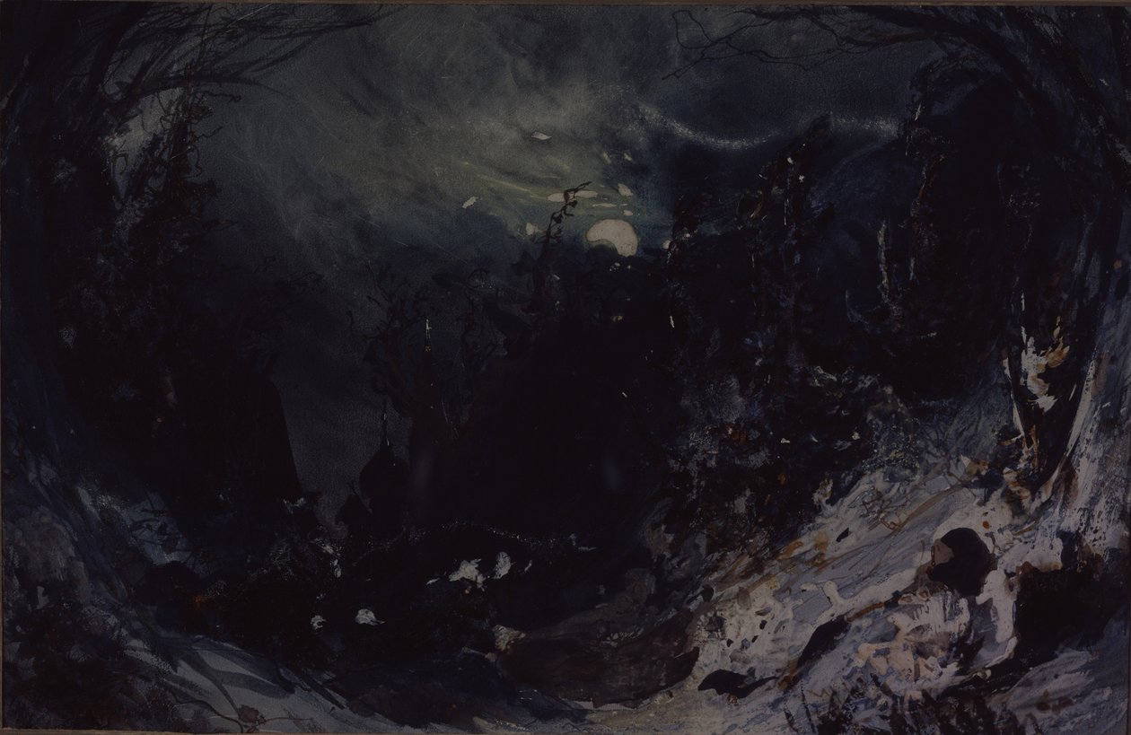 A. Serov的歌剧《恶魔的力量》的舞台设计，1871年 作者 米哈伊尔·伊里奇·博恰罗夫