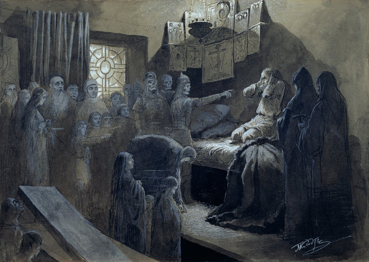 伊凡四世（1530-84）被谋杀者的幽灵所访问的可怕人物（笔和纸上的身体颜色墨水） 作者 米哈伊尔·康斯坦丁诺维奇·克洛德（Mikhail Konstantinovich Klodt）