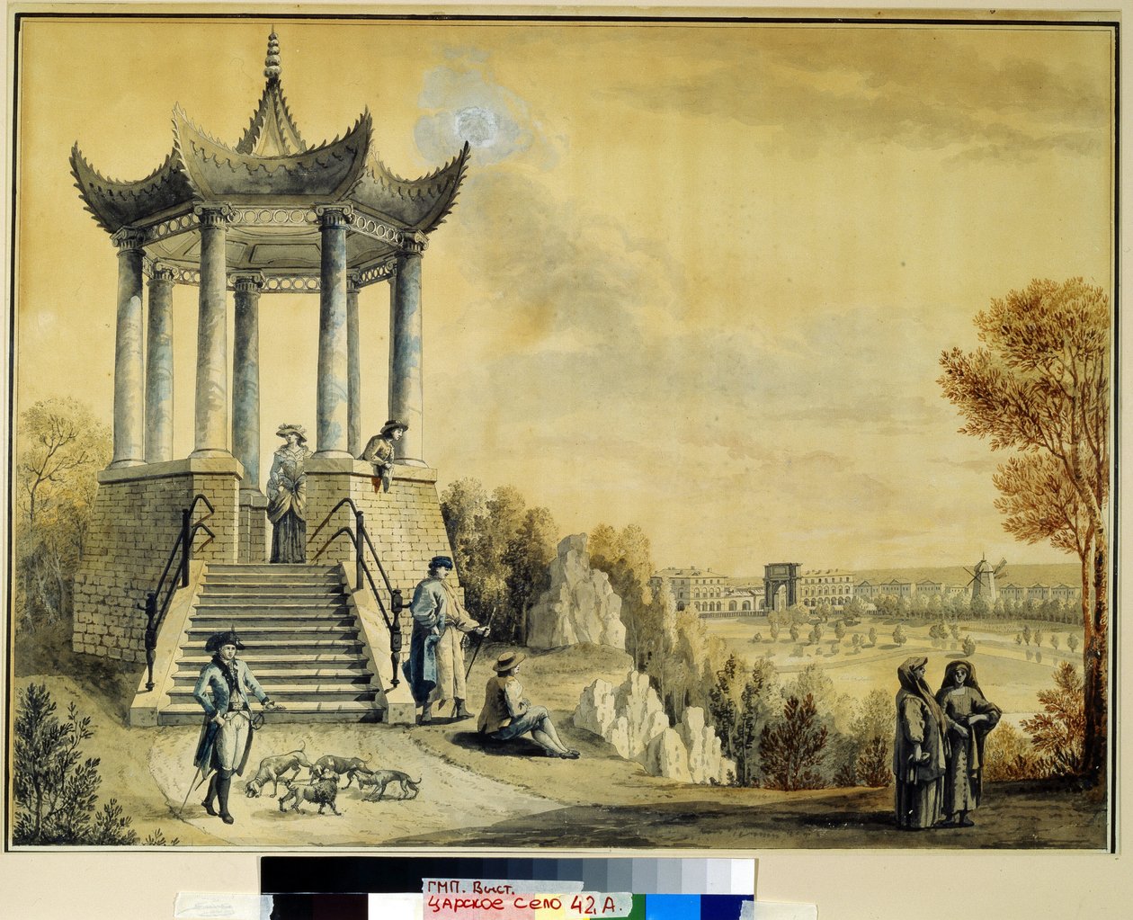 察尔科耶塞洛凯瑟琳公园中的大卡普里切亭。Mikhail Matveevich Ivanov（1758-1823 年）的作品，纸上水彩和粉笔，18 世纪晚期。18 世纪俄罗斯艺术。内页 作者 米哈伊尔·马特维维奇·伊万诺夫（Mikhail Matveevich Ivanov）