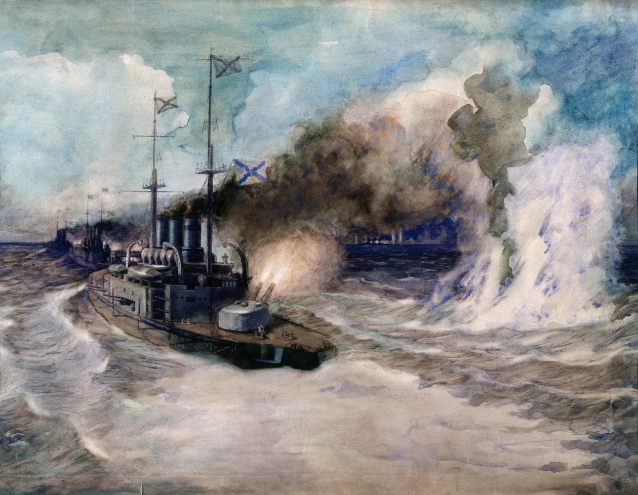 La bataille navale entre la flotte de la mer noire et le croiseur blinde allemand Goeben, le 5 novembre 1914（1914 年 11 月 5 日黑海舰队与德国戈本号装甲巡洋舰之间的海战） - Oeuvre de Mikhail Mikhailovich Semyonov ( 作者 米哈伊尔（Mikhail Mikhailovich）Semyonov