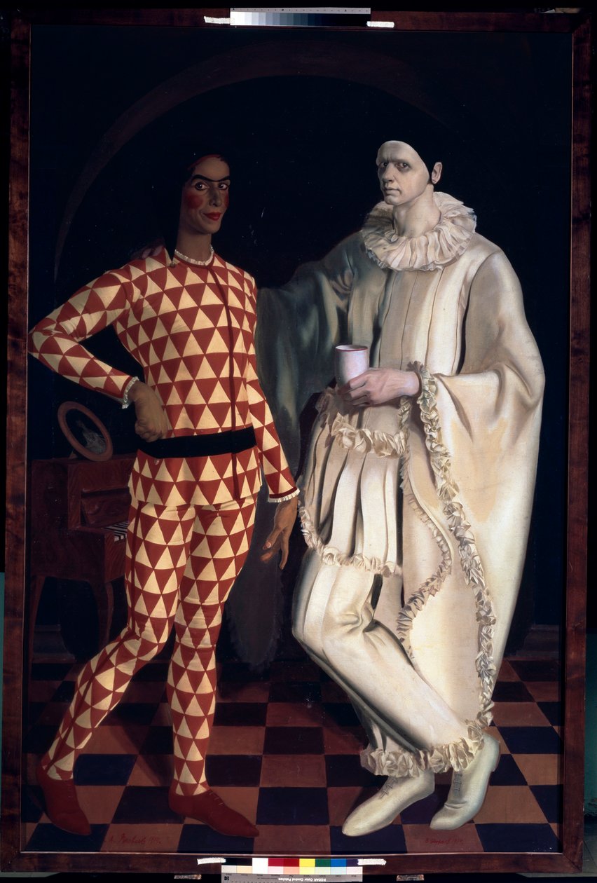 Arlequin et Pierrot (Autoportraits, en costumes de la Comedia dell Arte) - Harlequin and Pierrot (Self-portraits) - Alexander Yevgenyevich Yakovlev (Alexander Iacovleff) (1887-1938)的画作，布面油画 作者 米哈伊尔·尼古拉耶维奇·雅科夫列夫