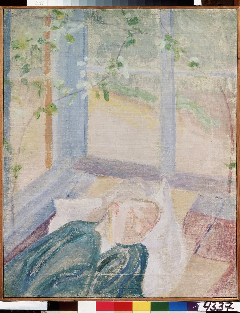 艺术家 Y. Guro 的肖像，艺术家的妻子 Elena (Yelena) Guro（1877-1913 年）。画中的她身穿上衣，头戴头巾，在露台的窗户下熟睡。米哈伊尔-瓦西里耶维奇-马蒂的画作 作者 米哈伊尔·瓦西里耶维奇·马图申