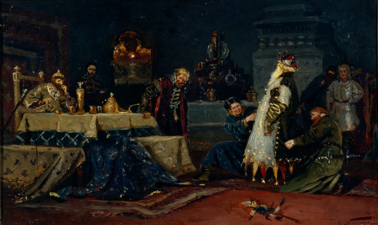 傻瓜外套。 Boyar Druzhina Andreyevich Morozov在《伊凡雷帝》前，1885年 作者 米哈伊尔·瓦西里耶维奇·内斯特罗夫