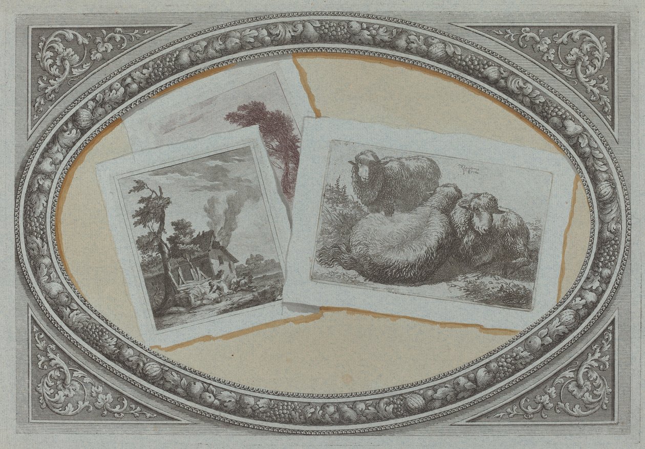 透视画法：风景和羊，使用原版铜版画 作者 米兰人 18 世纪和 Francesco Londonio