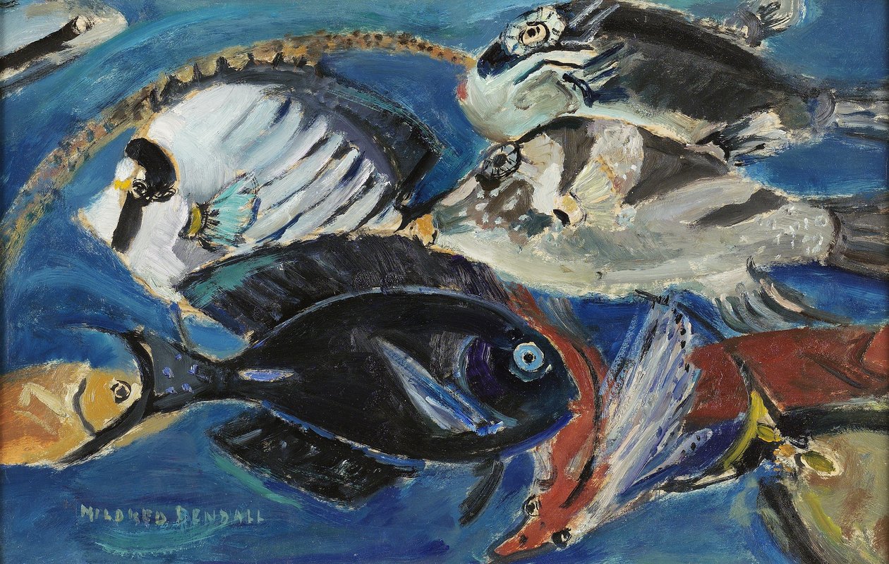 Poissons，c.1950（放在面板上的纸上油） 作者 米尔德雷德·本德尔（Mildred Bendall）