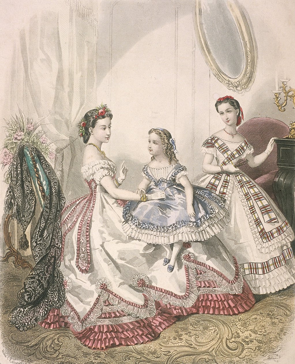 两个女人和一个小女孩穿着最新的室内时装，约1860年 作者 米莉亚·拉库里埃