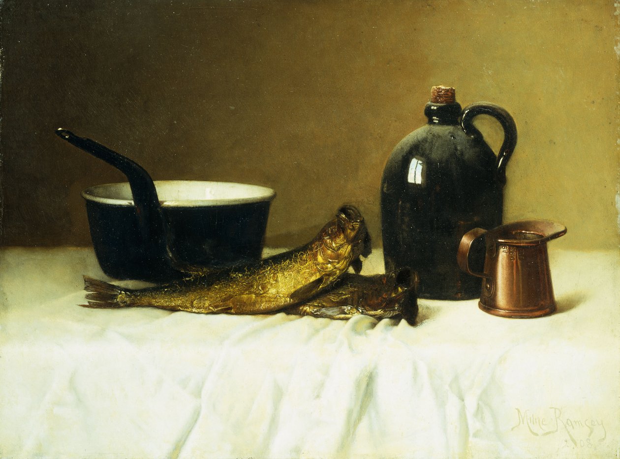 静物鲱鱼，壶，水罐和措施，1908年 作者 米尔恩·拉姆西（Milne Ramsey）