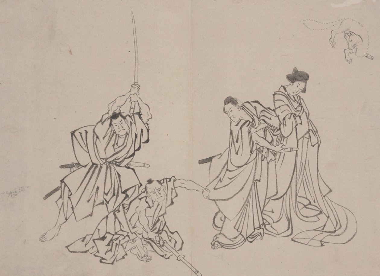 与狐狸在一起的人物，19世纪中期（纸上水墨）。 作者 Mimasu Mimasu