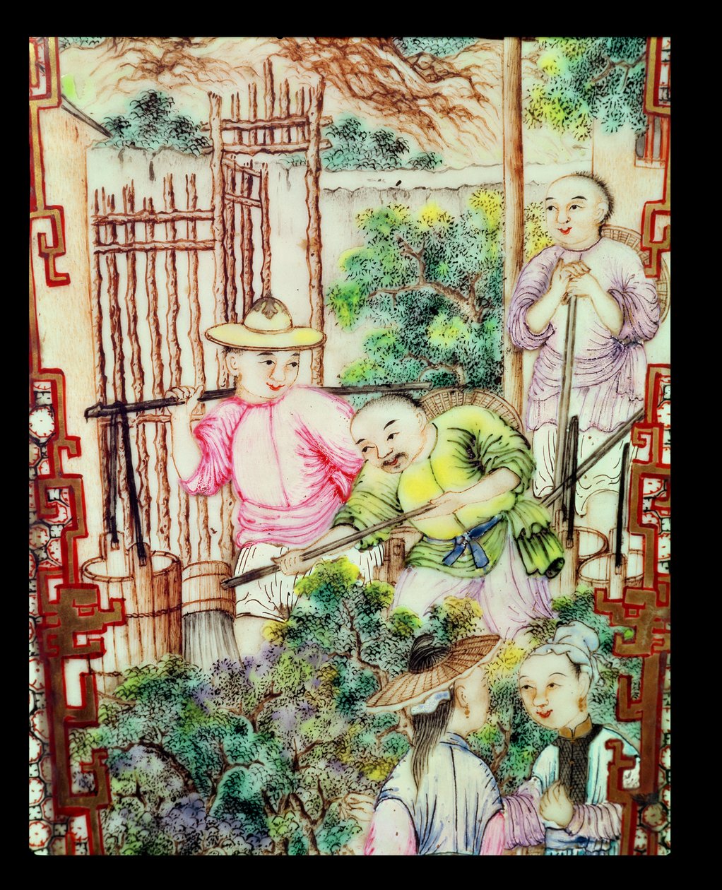 一个花瓶的细节有浇灌茶植物的人的 作者 明代中文学校
