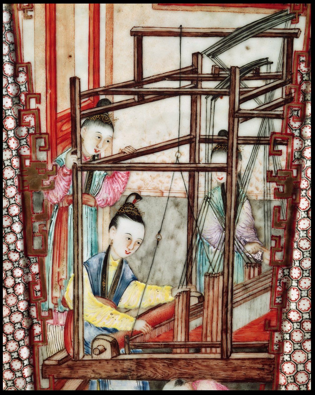 描绘丝织品的花瓶细节（陶瓷）。 作者 明代中文学校