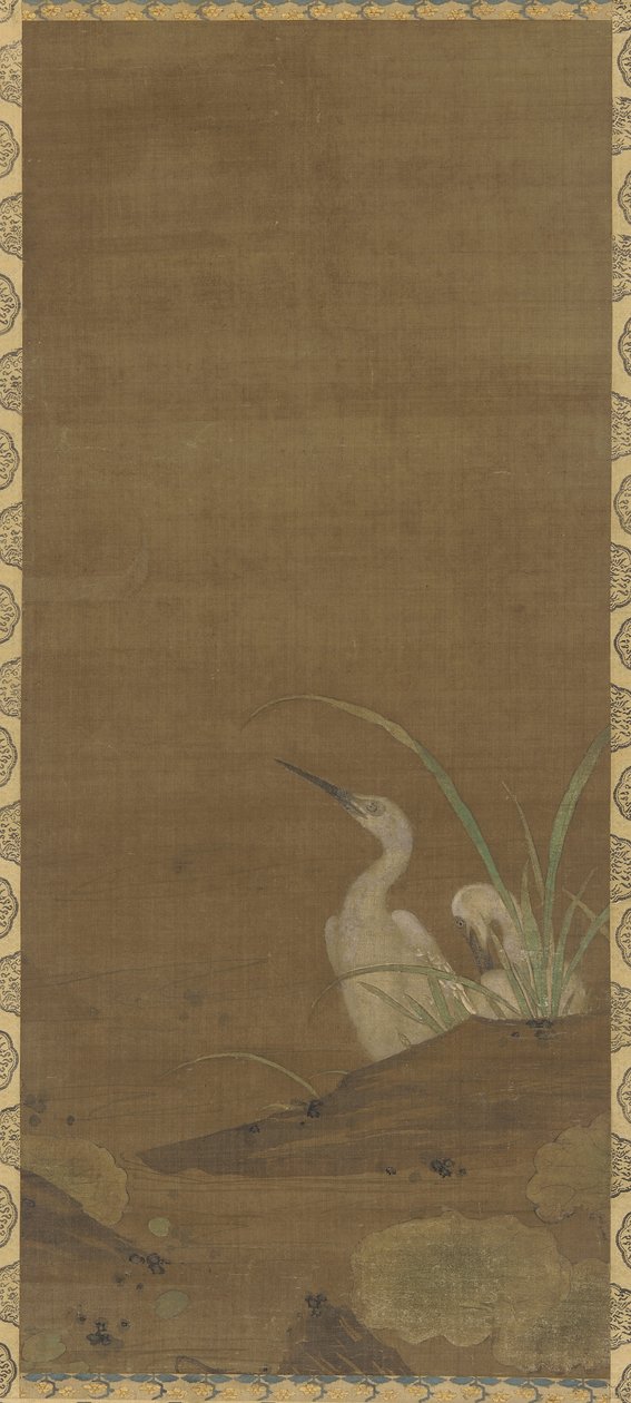 苍鹭和水生植物（丝绸上的墨水和颜色） 作者 明代中文学校
