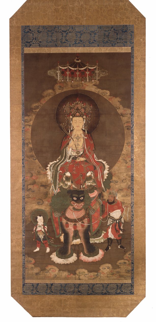 狮子上的马努居士菩萨》，14 世纪晚期（绢本水墨、彩色和金色颜料） 作者 明代中文学校