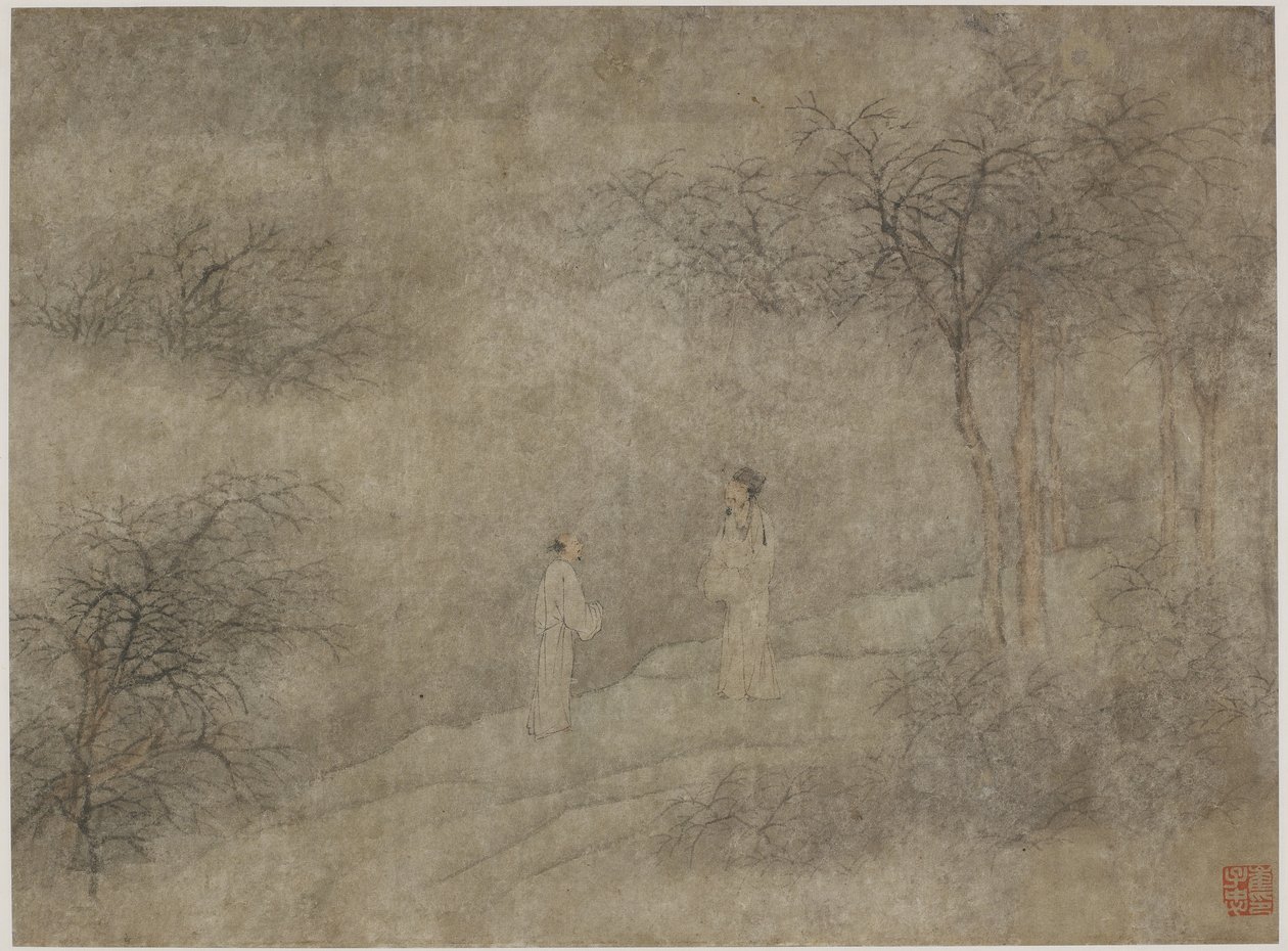 两个男人走在朦胧的小树林里（纸上的墨水和颜色） 作者 明代中文学校
