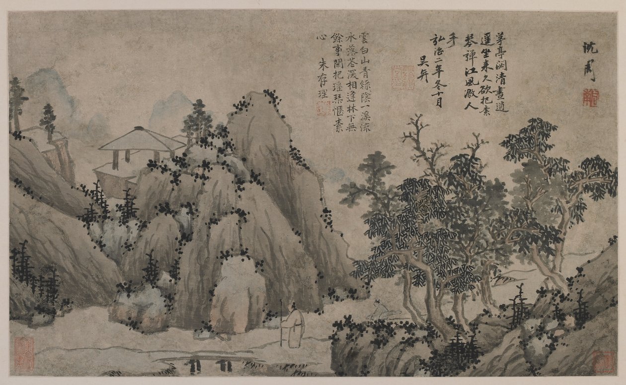 在山间小溪散步（纸上的墨水和颜色） 作者 明代中文学校