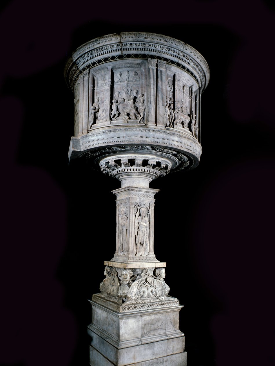 文艺复兴时期的艺术。Pasquino di Matteo（1425-1485）的椅子，由Mino da Fiesole（1429-1484）和Antonio Rossellino（1427-1479）雕刻（白色大理石的讲坛（1469-1473），有Antonio Rossellino和Mino da Fiesole的浮雕 作者 美浓达菲索