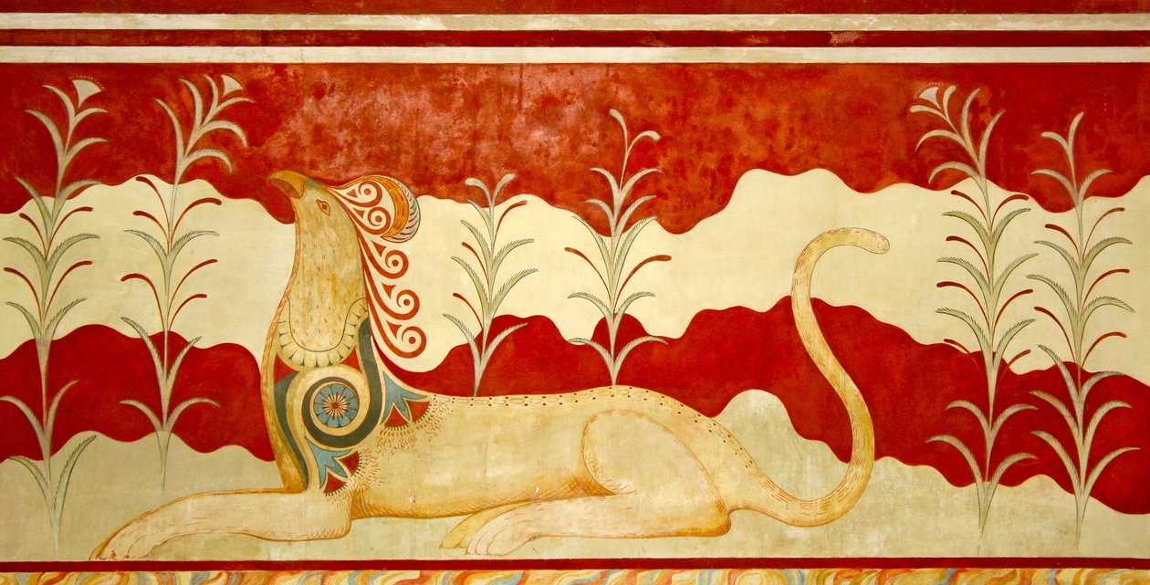 面对王位的格里芬，王座室，克诺索斯，克里特岛1550-1450 BC 作者 美浓