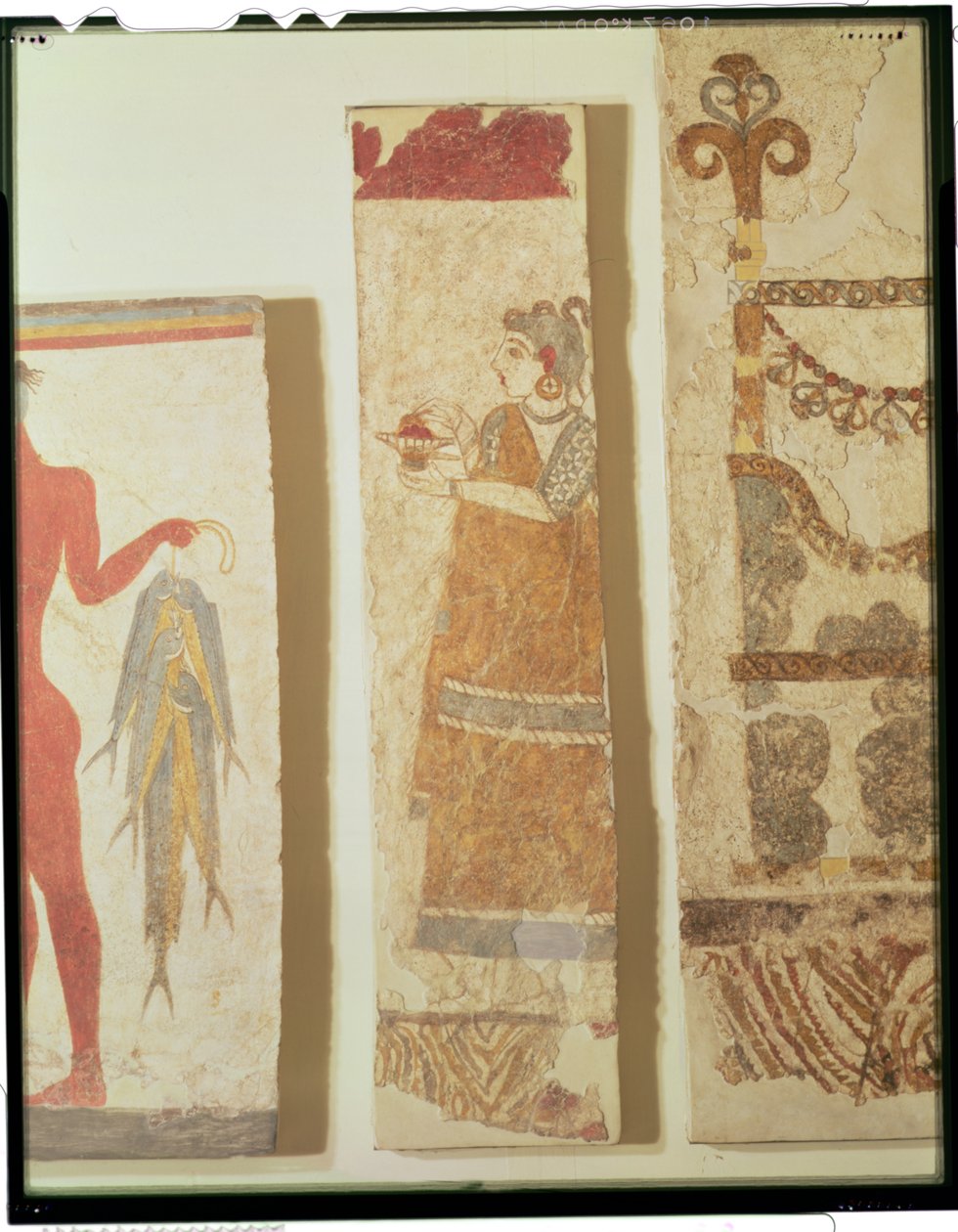 三幅壁画片段：&39;渔夫&39;，&39;女祭司&39;和&39;Ikrion&39;，于公元前1500年在锡拉岛的阿克罗蒂里西宫拆除（石膏上的壁画） 作者 美浓