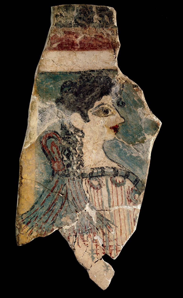 La Parisienne: 壁画的片段，表现了一个女装的轮廓。来自克诺索斯（knossos）。米诺斯艺术，大约在公元前1500-1450年。伊拉克利翁考古博物馆。克里特岛，希腊。- La Parisienne（又名米诺斯夫人）：表现牧师的壁画碎片 作者 美浓
