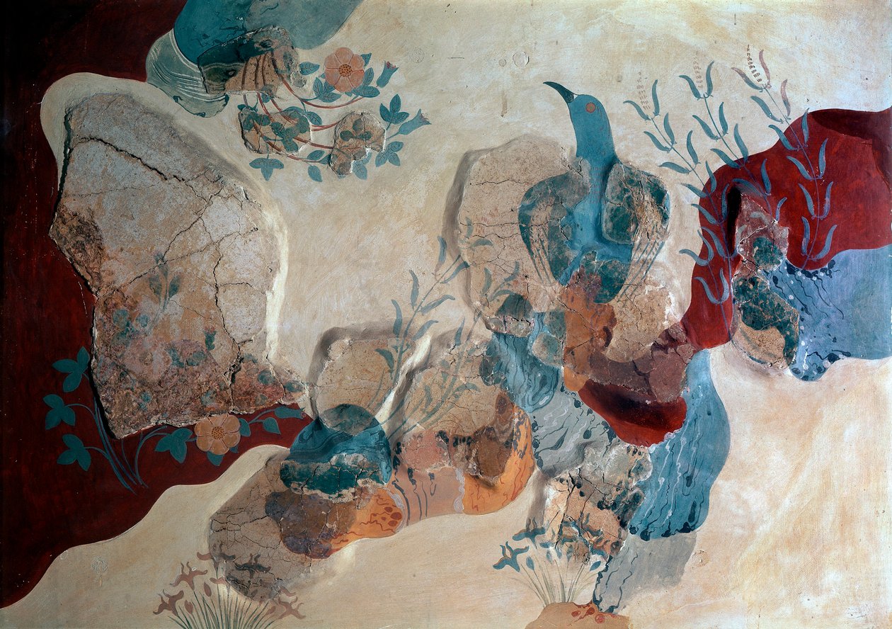 米诺斯艺术：“蓝鸟”壁画之家的壁画片段。 公元前 1500 年。 伊拉克利翁，考古博物馆，克里特岛 - 米诺斯艺术：蓝鸟。 壁画片段显示一只鸟在岩石、野玫瑰和鸢尾花之间，来自壁画之家 作者 美浓