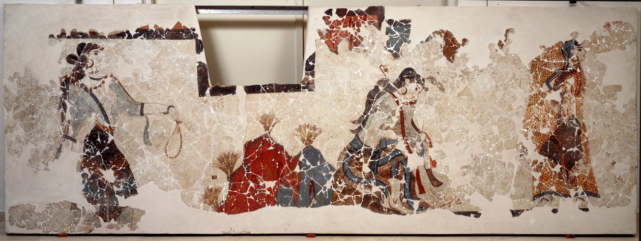 米诺斯文明：崇拜中的女性。 圣托里尼岛 Akrotiri (Thera) Xeste 3 建筑的 lustral 盆地壁画 作者 美浓