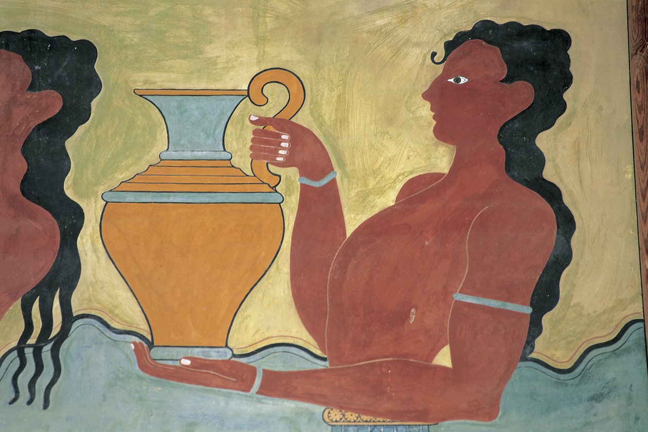 希腊克里特岛克诺索斯的米诺斯宫，宫殿墙上的壁画特写 作者 美浓