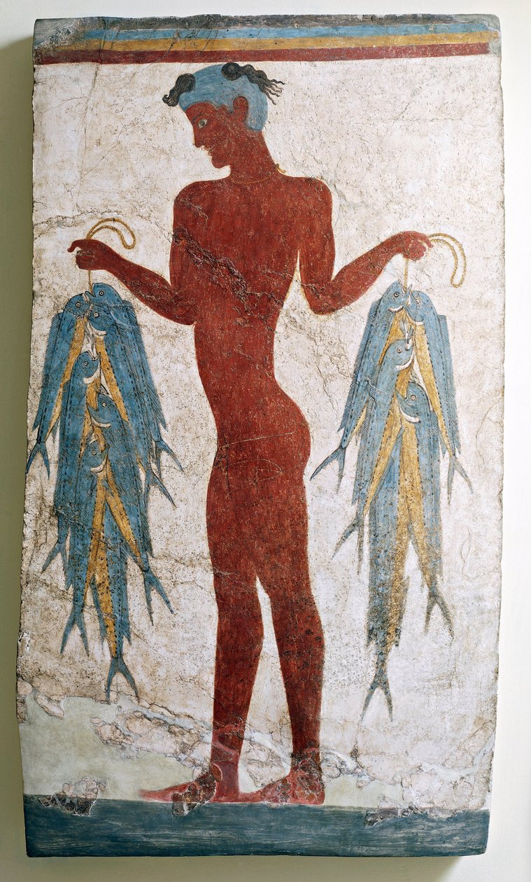 希腊文明，描绘渔夫的壁画，来自希腊圣托里尼的阿克罗蒂里（Akrotiri）（壁画）。 作者 美浓