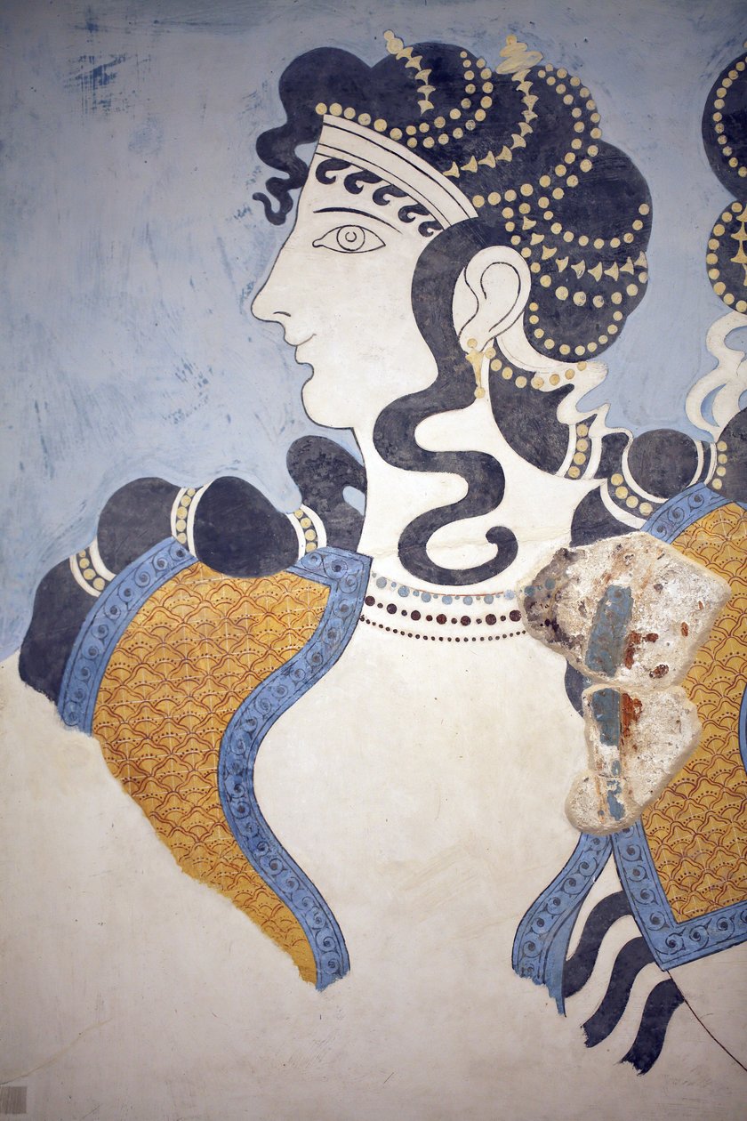 Minoan art. Details of the “” Ladies in blue””” fresco. Composition of richly dressed and lavishly bejeweled female figure depicted against a blue ground. Despite its fragmentary condition this wall painting transmits the meaning of opulence and prosperity 作者 美浓