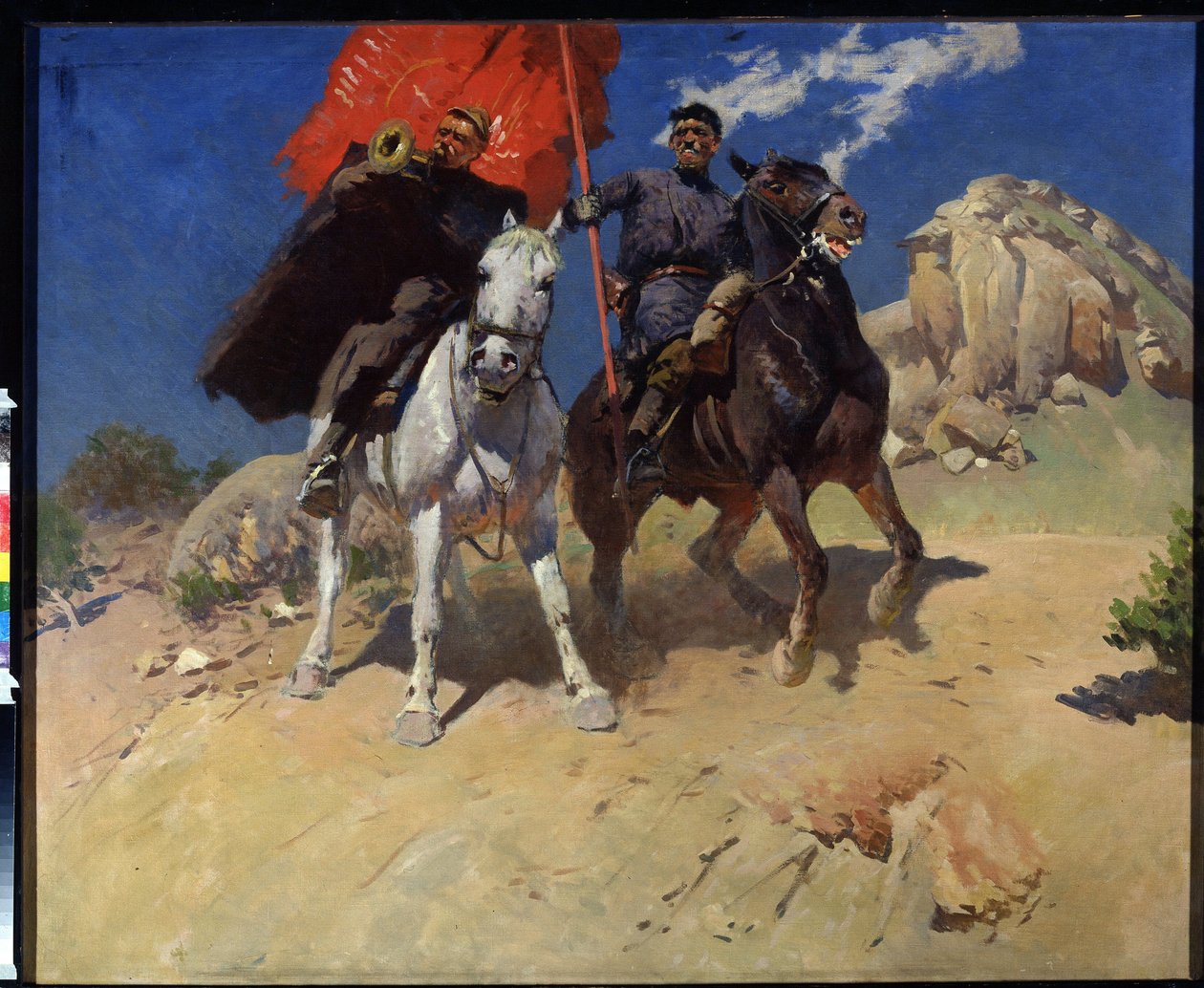 标兵和号手。1917 年十月革命期间，红军骑兵团的两名士兵。米特罗凡-鲍里索维奇-格雷科夫（1882-1934 年）的画作，布面油画 作者 米特罗凡·鲍里索维奇·格雷科夫（Mitrofan Borisovic Grekov）
