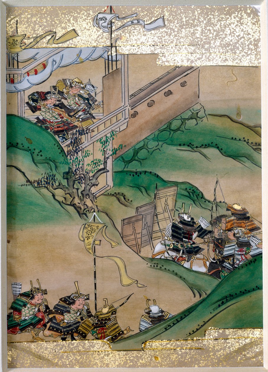 日本帝国斗争集（1308-1368）。 Tosa 学校（17 世纪）的缩影，带有金叶和牡蛎珍珠母。 私人收藏 作者 土佐光博（后）