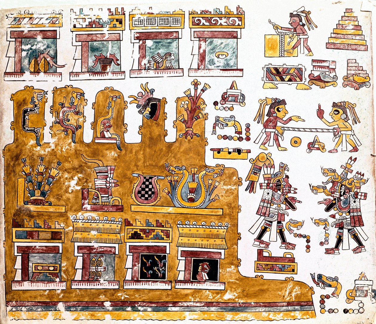 米斯特克文明：米斯特克手抄本，附有寺庙前活动的插图 - 前哥伦比亚艺术，混合文明：寺庙前的日常生活场景 - 赫尔南发送的温多邦手抄本或维也纳手抄本的详细信息 作者 Mixtec Mixtec