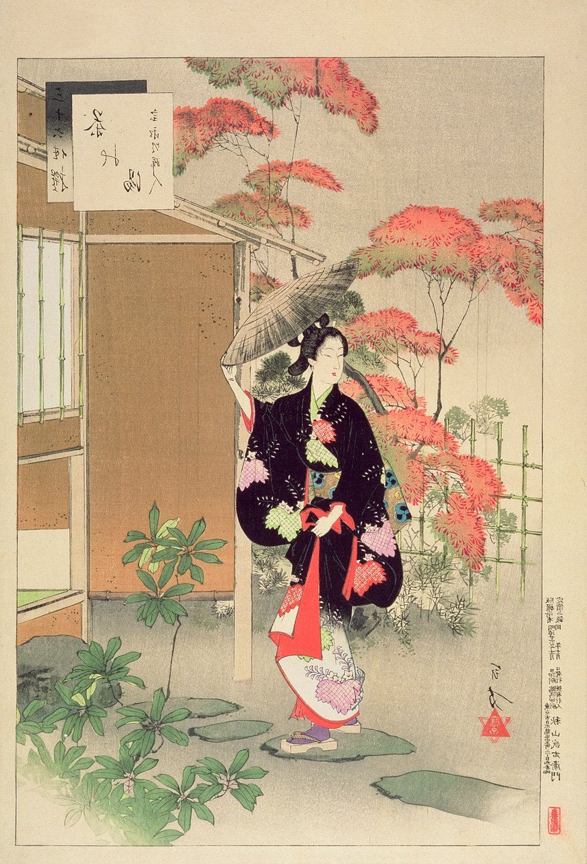茶道：一个女人的Hoei时代，来自“三十六美女的选择”系列，1893年（彩色木版画） 作者 水野利方