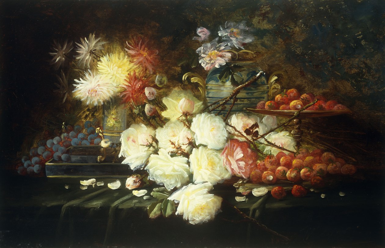 静物与玫瑰，菊花，葡萄和草莓 作者 莫德斯特·卡利尔