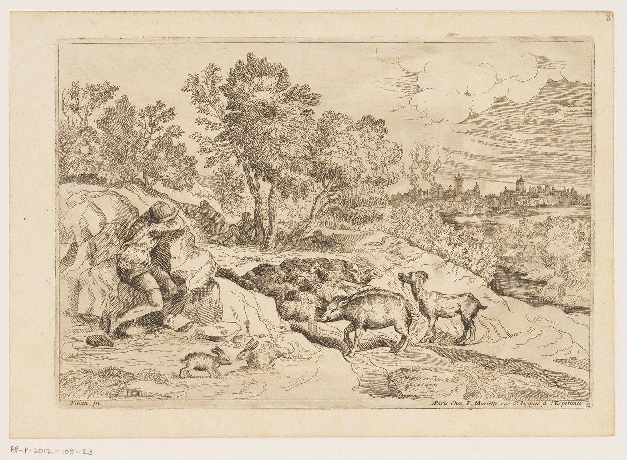 三位牧羊人在羊群旁休息的风景画
提香之后的风景画（系列名称） 作者 Moise Jean-Baptiste Fouard