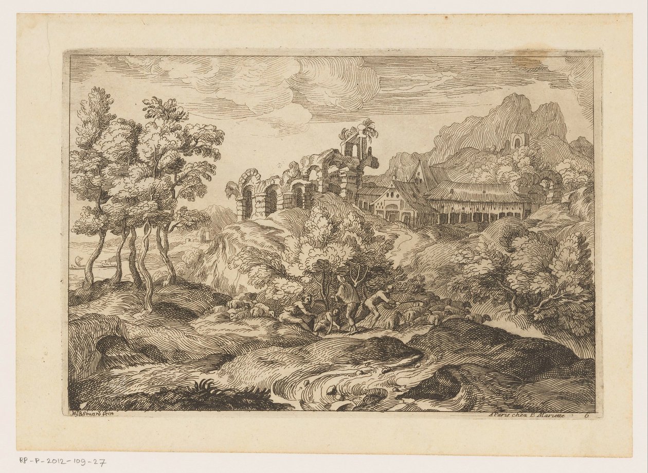 废墟旁牧羊人与羊群的风景画
提香之后的风景画（系列名称） 作者 Moise Jean-Baptiste Fouard