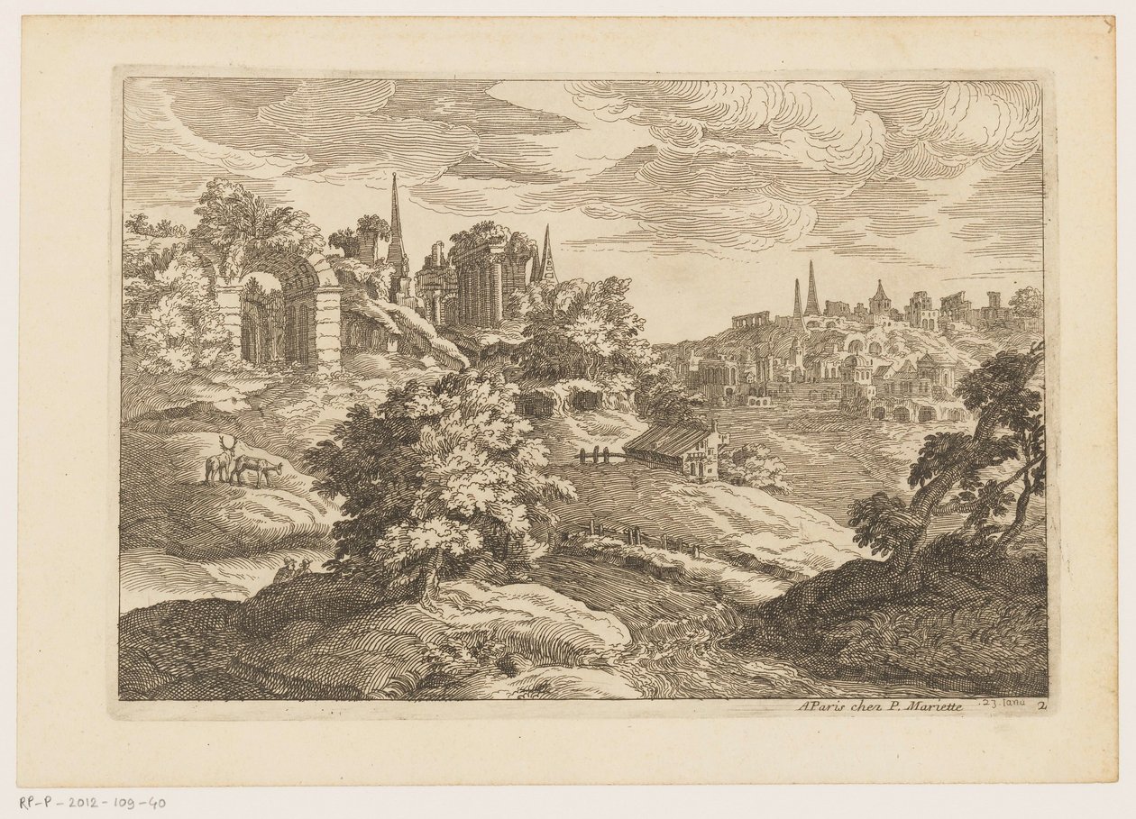 有废墟和鹿的风景
提香山水画（系列名称） 作者 Moise Jean-Baptiste Fouard